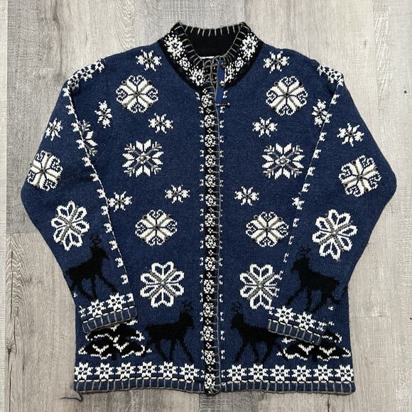 Nordic Design Full Zip Blue Wool Blend Snowflake Women's Cardigan Sweater Small - Picture 1 of 4